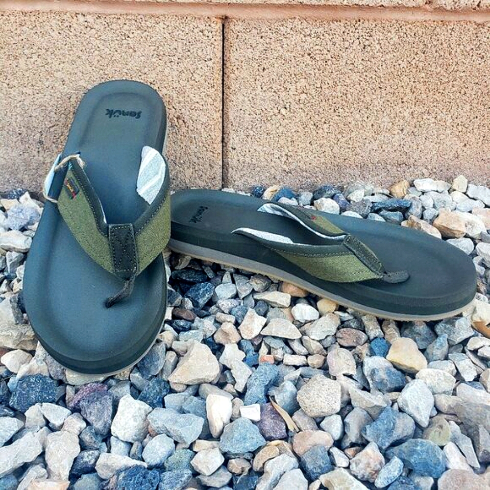 New Sanuk Men's Big Swell ST + Soft Top Olive Flip Flops Sandals 1135591 DOL